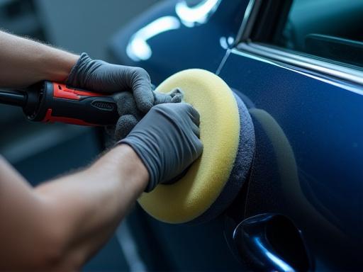 A buffer polishing a car door to remove swirl marks
